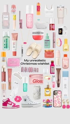 a collage of various items that include shoes, perfumes and other personal care products