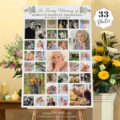 a family photo collage is displayed on a easel next to flowers and candles