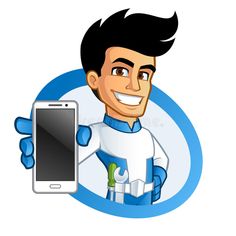 a man holding a smart phone in his hand and pointing to the screen royalty illustration