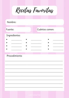 a pink and white recipe card with the words receitas favortass on it