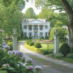 a large white house surrounded by trees and flowers