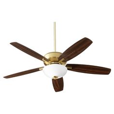 a ceiling fan with wooden blades and a white light