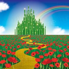 the wizard's castle is surrounded by green grass and red flowers, with a rainbow in the background