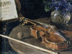 a painting of a violin on a table next to a vase with blue flowers in it