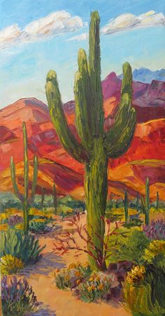 a painting of a cactus in the desert