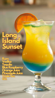 the long island sunset cocktail is garnished with an orange slice