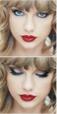 two pictures of a woman with blue eyes and red lipstick