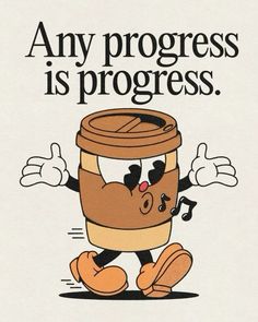 a coffee cup with a music note on it and the words, any progress is progress