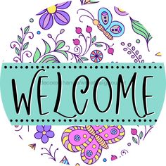 Welcome Door Hanger Sign Spring Floral Decoe-4115-Dh 18 Wood Round Welcome Door Hanger, Spring Floral Wreath, Wooden Door Hangers, Welcome Door, Welcome Wreath, Fall Signs, Wood Rounds, Vibrant Design, Wreath Sign