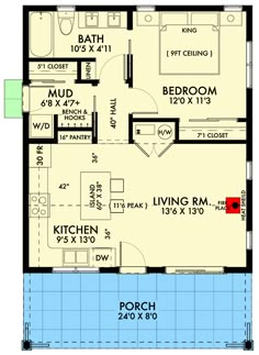 the floor plan for a two bedroom house with an attached bathroom and living room area