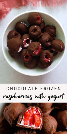 chocolate frozen raspberries with yogurt in a white bowl on a table