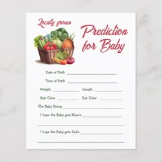 a card with a basket of fruit and vegetables on it that says,'really grown precision for baby '