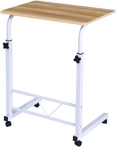 a wooden table with wheels on it and a white frame around the top, against a white background