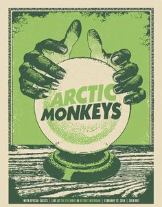 an advertisement for arctic monkeys with two hands holding a bowl in front of the words arctic monkeys