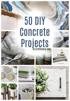 the cover of 50 diy concrete projects by craftgosp com is shown in blue and white