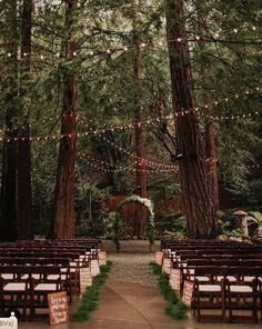 an outdoor wedding venue with wooden chairs and string lights in the trees, surrounded by greenery