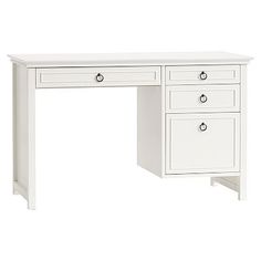 a white desk with two drawers and one drawer on the bottom, in front of a white background