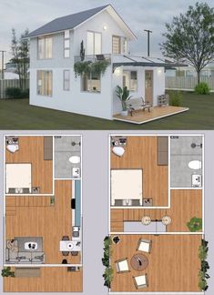 two story house with floor plans and furniture