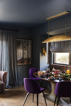 This extravagant alpine apartment designed by Kate Walker is cocooned in colour with a hotel feel. Tap the link now to take a full tour. Purple Upholstered Chair, Kate Walker, Apartment Dining, Dining Nook, Luxury Holidays, Royal Purple, Apartment Design