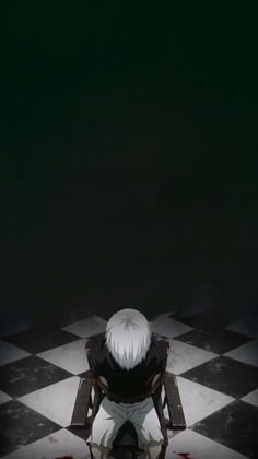 an anime character sitting on a checkered floor in front of a black and white background