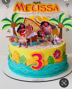 a birthday cake decorated with cartoon characters and decorations on top of the cake is an image of a beach scene