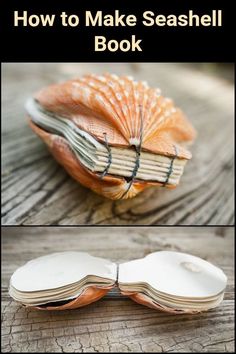 an open book sitting on top of a wooden table with the title how to make seashell book