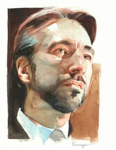 a watercolor painting of a man in a suit and tie looking off to the side