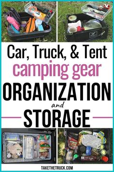 an open suitcase with the words car, truck, and tent camping gear organization and storage