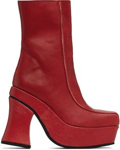 Calf-high grained leather boots in red. · Square toe · Pinched seams at vamp · Zip closure at inner side · Grained leather lining · Covered platform midsole · Covered block heel with rubber injection · Rubber sole · Platform: H1.75 · Heel: H4.5 Supplier color: Red Red Leather Boots, Eckhaus Latta, Red Square, Skating, Red Leather, Leather Boots, Block Heels, Apparel Accessories, Rubber Sole