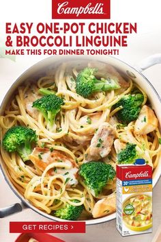 broccoli, chicken and broccoli linguine recipe in a pan