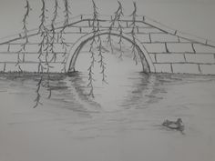 a pencil drawing of a bridge over water with ducks swimming under it and trees hanging from the rafters