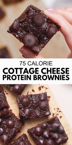 chocolate brownies are stacked on top of each other with the words, 75 calorie cottage cheese protein brownies