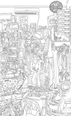 a black and white drawing of a store filled with items