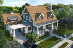 this is an artist's rendering of a house in the country style with blue sidings and brown shingles