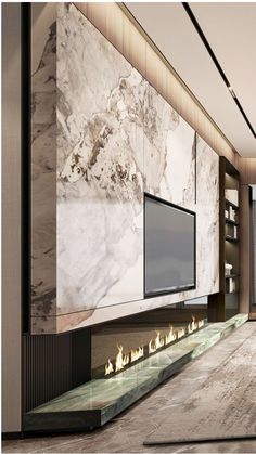 an elegant living room with marble walls and fireplace