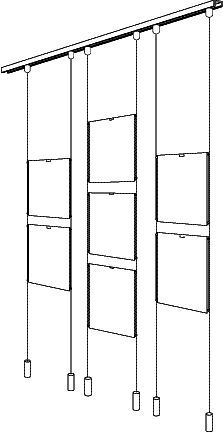 a drawing of a closet with three doors and two shelves on each side, one door open