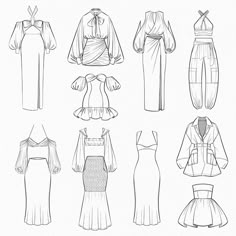 different types of dresses and blouses drawn by hand