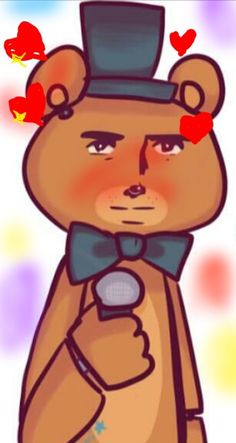 a brown teddy bear wearing a top hat and bow tie with hearts on his ears