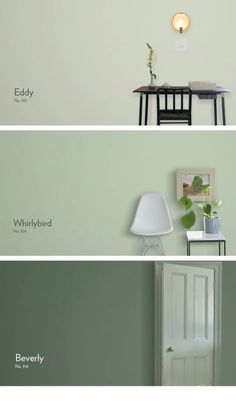 three different shades of green and white in the same room, each with a door