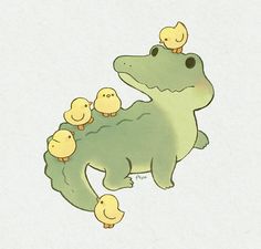 a drawing of a crocodile with chicks on its back