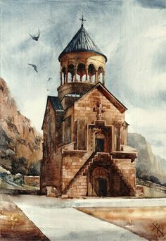 a painting of an old church with birds flying over it and mountains in the background