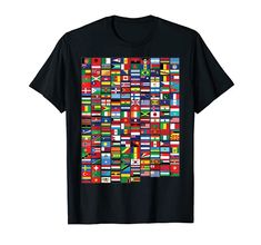 a black t - shirt with the flags of different countries printed on it