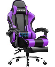 an office chair with purple and black leather upholstered to the back, on wheels