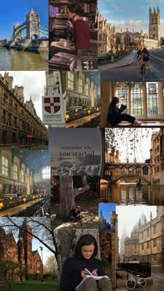 a collage of photos with buildings and people in the background, including a woman sitting on a bench looking at her cell phone