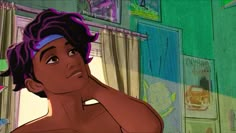 an animated image of a woman with purple hair and no shirt on looking at the camera