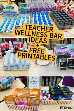 there are many different items on the table with text that says teacher wellness bar ideas and free printables