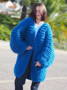 HandKnitted Long hair Mohair Coat Size: One size Oversize 100% Natural Mohair yarn  ( 70% Mohair 30% Wool) Color: Blue This marvelous Coat  is made with the extra soft and silky yarn produced in Italy Measurements: Body length: 80cm  31,5″ Chest width: 70cm  27,5″ Sleeve length  from the neck: 76cm  30″ PLEASE VISIT MY PROFESSIONAL WEBSITE Lanaknittings.com ON MY WEBSITE YOU CAN BUY THIS ITEM AT THE BEST PRICE!! Lana Big Knits, Womens Jackets, Cozy Knits, Knitted Scarf