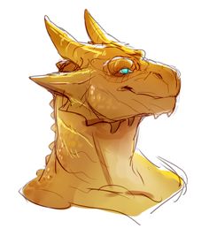 a drawing of a yellow dragon head with blue eyes and long, sharp horns on it's head