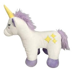 a stuffed toy unicorn with purple mane and yellow horn