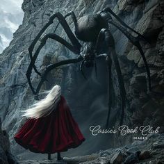 a woman with long white hair standing in front of a giant spider on the side of a mountain